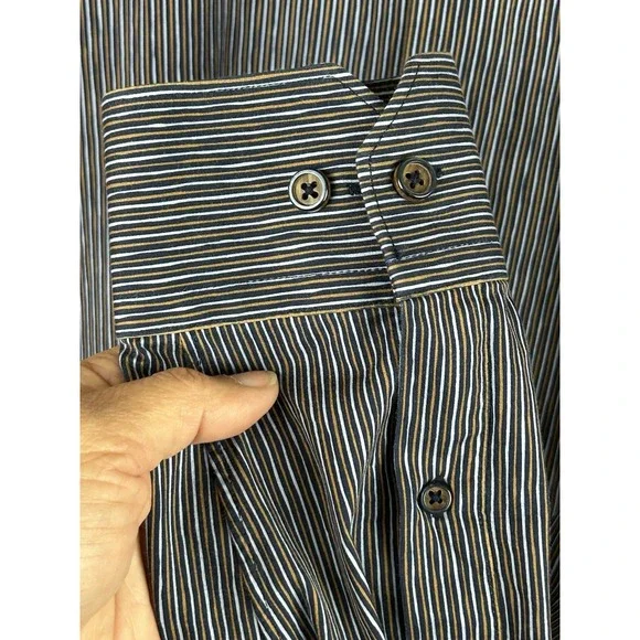 BUGATCHI Ooocotton Tech 8 Way Stretch Long Sleeve Shirt Large‎ Blue Brown Stripe - Picture 8 of 16